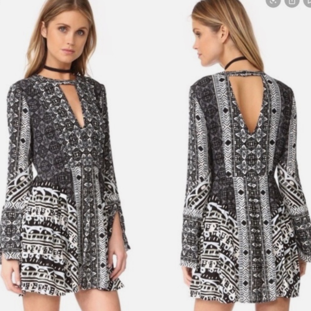Free People Blue and Black Aztec Print Mini Dress Tegan Border Print